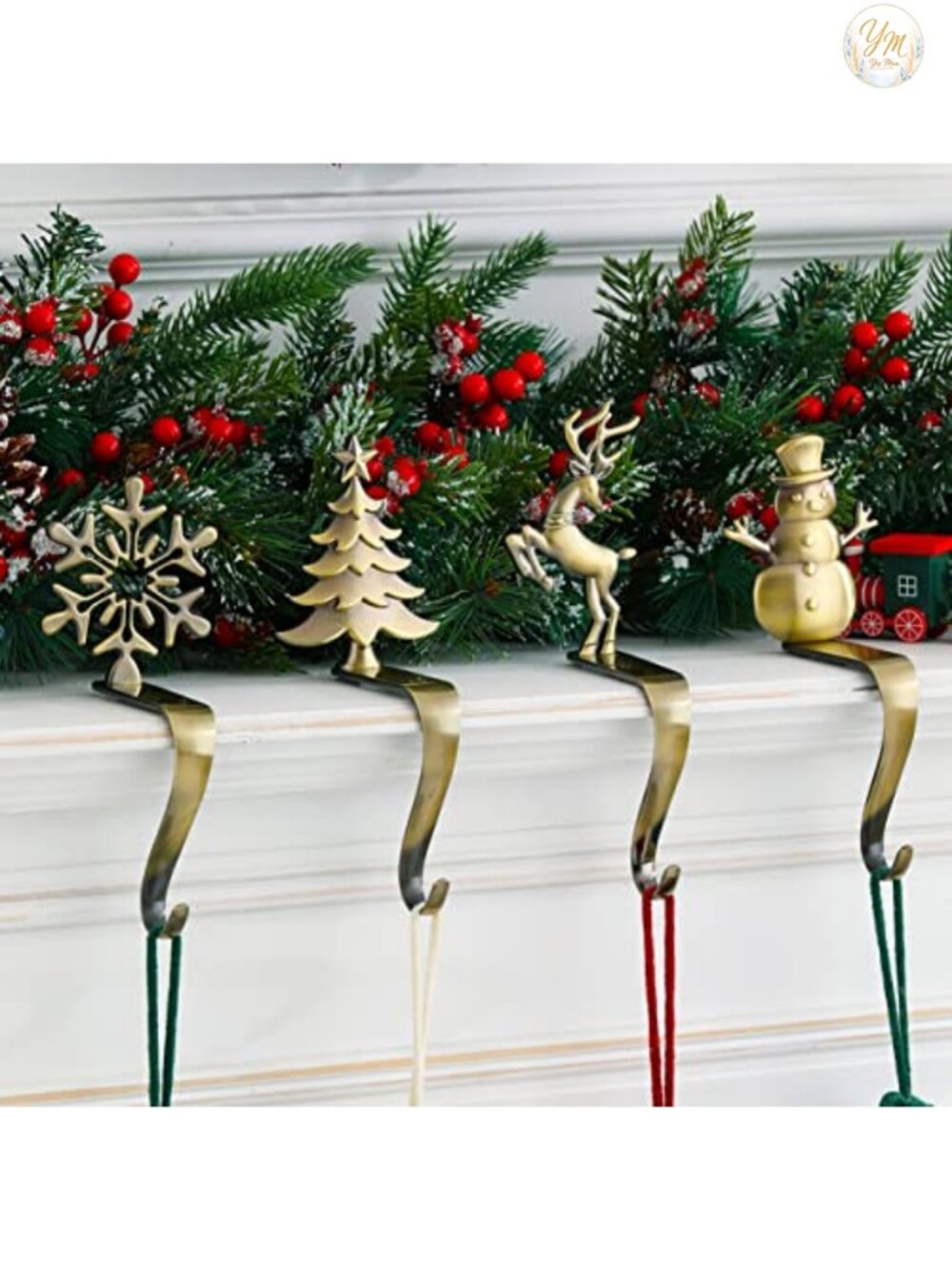 Christmas Stocking Holder Set of 4 Metal Hooks Snowman Santa Snowflakes Tree
